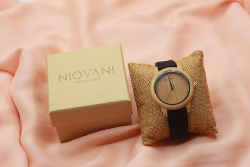 Niovani Original Wooden Watch - Men/Women - Genuine Bamboo Wood! - Jet Black Silicon Strap! - Free Box Packaging + Bag! - 1 Year Warranty!