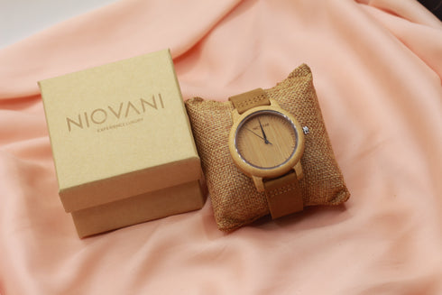 Niovani Original Wooden Watch - Unisex - Genuine Bamboo Wood - Ultra Thin Soft Genuine Leather - Box Packaging - 1 Year Warranty!