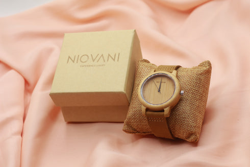 Niovani Original Wooden Watch - Unisex - Genuine Bamboo Wood - Ultra Thin Soft Genuine Leather - Box Packaging - 1 Year Warranty!