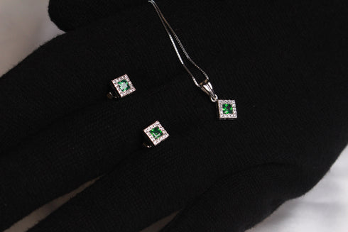 Modern Elegance - Emerald Green - 925 Sterling Silver Jewellery Set - Necklace + Earrings - Free Box Packaging