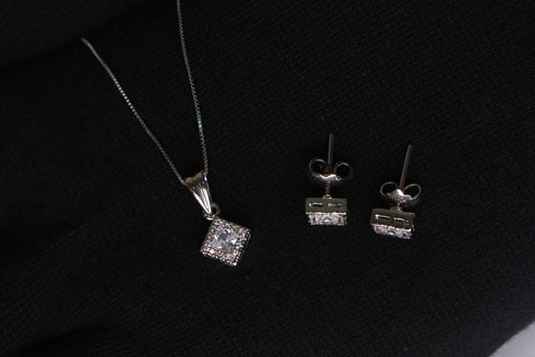 Modern Elegance - Diamond White - 925 Sterling Silver Jewellery Set - Necklace + Earrings - Free Box Packaging