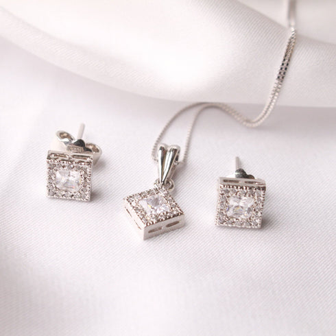 Modern Elegance - Diamond White - 925 Sterling Silver Jewellery Set - Necklace + Earrings - Free Box Packaging