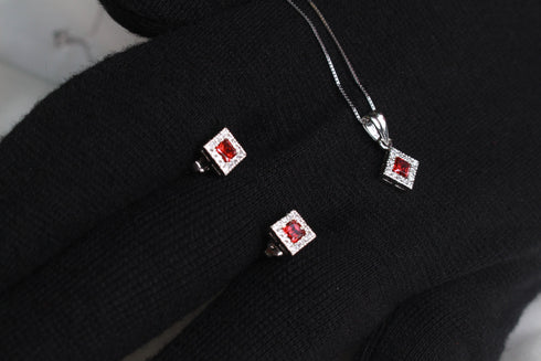 Modern Elegance - Ruby Red - 925 Sterling Silver Jewellery Set - Necklace + Earrings - Free Box Packaging