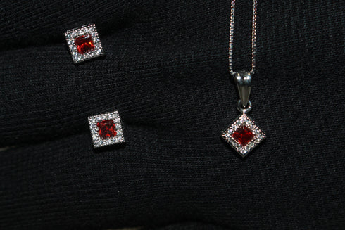 Modern Elegance - Ruby Red - 925 Sterling Silver Jewellery Set - Necklace + Earrings - Free Box Packaging