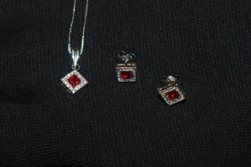 Modern Elegance - Ruby Red - 925 Sterling Silver Jewellery Set - Necklace + Earrings - Free Box Packaging