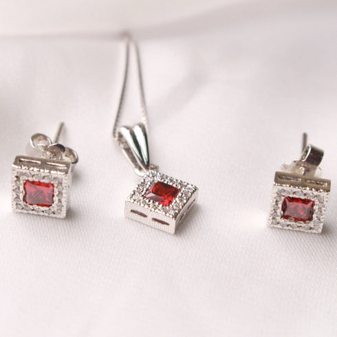 Modern Elegance - Ruby Red - 925 Sterling Silver Jewellery Set - Necklace + Earrings - Free Box Packaging