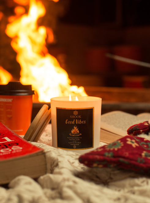 Good Vibes - Woodfire & Bakhoor Scented Candle - Double Wick - Free Shook Carry Bag