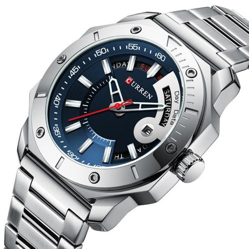 Curren Rebel (Sparkling Blue & Silver) - Men's Watch - Date Function - 1 Year Warranty - Free Box Packaging - 3 ATM Water Resistant