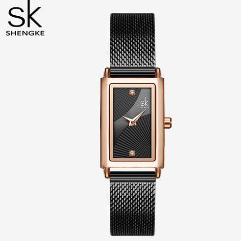 Shengke Classic - Women's Watch - Rose Gold & Sparkling Black - Adjustable Steel Strap - 1 Year Warranty - Free Box Packaging!