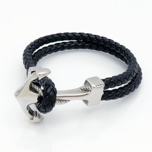 Ocean's Anchor Leather Bracelet! - Jet Black! - Stainless Steel! - Free Box Packaging!