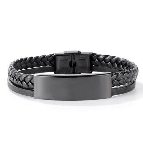 Florida - Leather & Steel Black Bracelet - Free Box Packaging