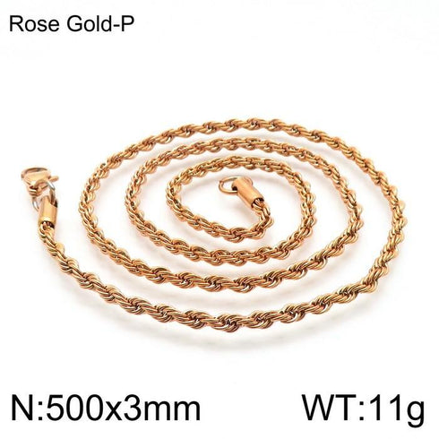 Twisted Rope Chain! - Genuine Rose Gold Plated! - 500 MM Length! - 316L Fine Stainless Steel! - Free Box Packaging!
