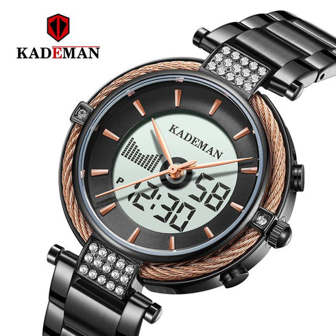 Kademan Women's Crystal Party! - Black & Gold Plated! - Digital + Analog Time! - 1 Year Warranty! - Hot Seller!