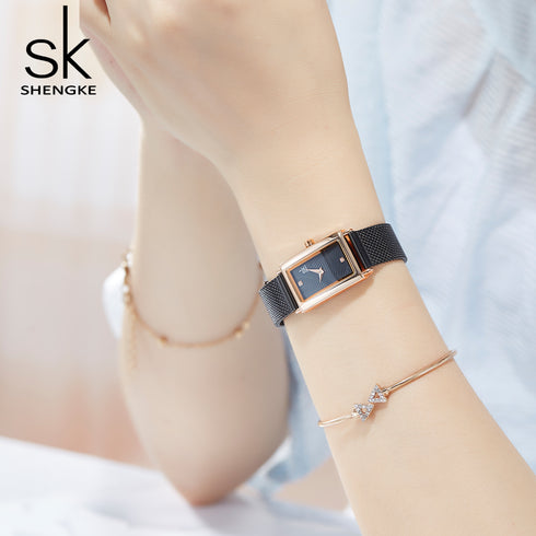 Shengke Classic - Women's Watch - Rose Gold & Sparkling Black - Adjustable Steel Strap - 1 Year Warranty - Free Box Packaging!