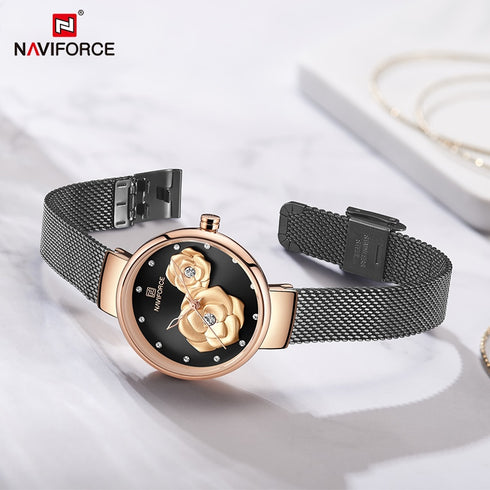 Naviforce Women's Black & Rose Gold Blossom! - Adjustable Steel Strap! - 1 Year Warranty! - Water Resistant!