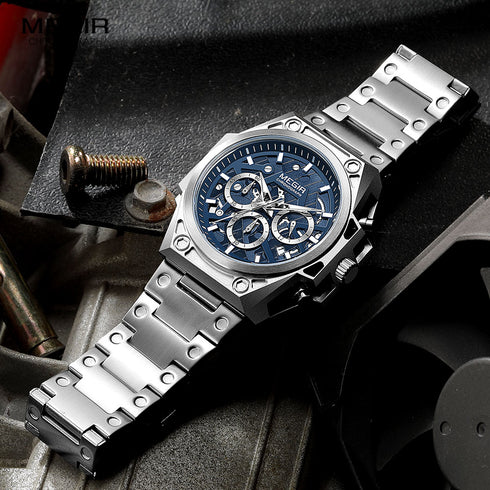 Megir - Men's Watch - 1 Year Warranty - Genuine Leather Strap - Chronograph - 3 ATM Water Resistant