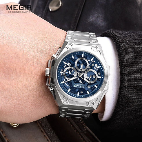 Megir - Men's Watch - 1 Year Warranty - Genuine Leather Strap - Chronograph - 3 ATM Water Resistant