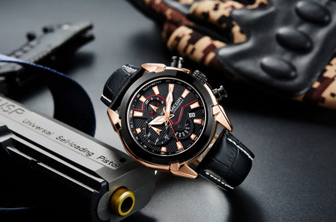 Megir - Men's Watch - 1 Year Warranty - Genuine Leather Strap - Chronograph - 3 ATM Water Resistant
