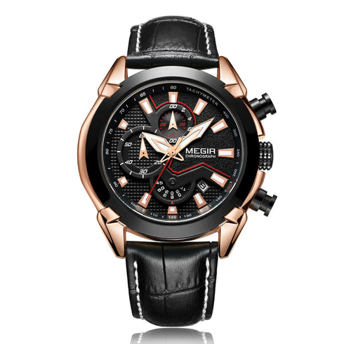 Megir - Men's Watch - 1 Year Warranty - Genuine Leather Strap - Chronograph - 3 ATM Water Resistant