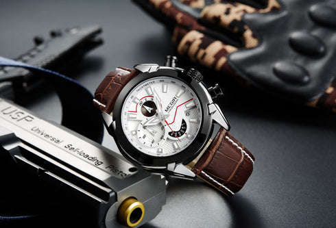 Megir - Men's Watch - 1 Year Warranty - Genuine Leather Strap - Chronograph - 3 ATM Water Resistant