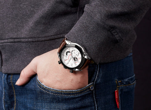 Megir - Men's Watch - 1 Year Warranty - Genuine Leather Strap - Chronograph - 3 ATM Water Resistant