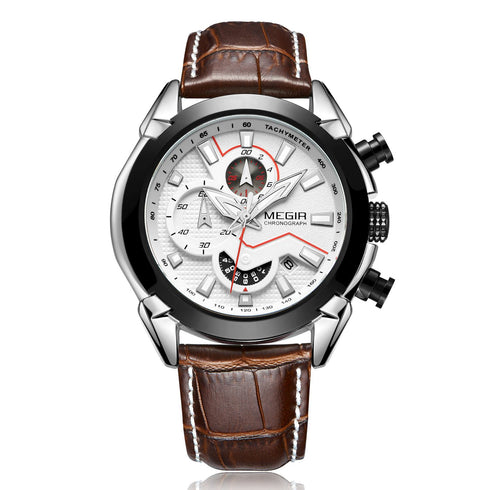 Megir - Men's Watch - 1 Year Warranty - Genuine Leather Strap - Chronograph - 3 ATM Water Resistant