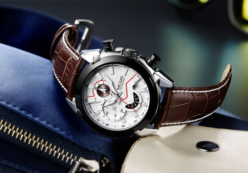Megir - Men's Watch - 1 Year Warranty - Genuine Leather Strap - Chronograph - 3 ATM Water Resistant