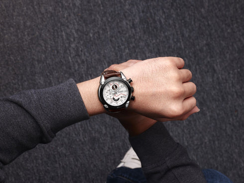 Megir - Men's Watch - 1 Year Warranty - Genuine Leather Strap - Chronograph - 3 ATM Water Resistant