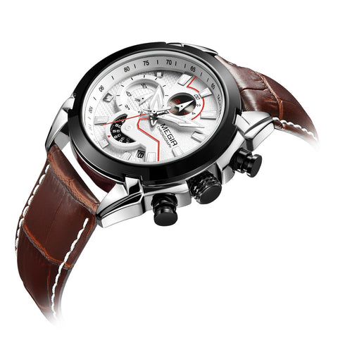 Megir - Men's Watch - 1 Year Warranty - Genuine Leather Strap - Chronograph - 3 ATM Water Resistant