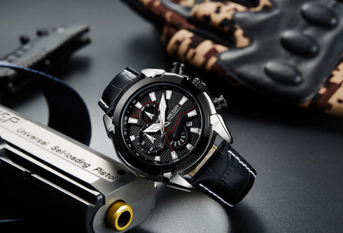 Megir - Men's Watch - 1 Year Warranty - Genuine Leather Strap - Chronograph - 3 ATM Water Resistant