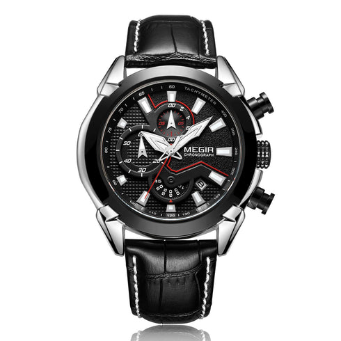 Megir - Men's Watch - 1 Year Warranty - Genuine Leather Strap - Chronograph - 3 ATM Water Resistant