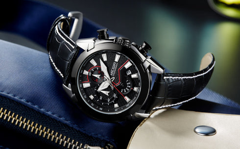 Megir - Men's Watch - 1 Year Warranty - Genuine Leather Strap - Chronograph - 3 ATM Water Resistant