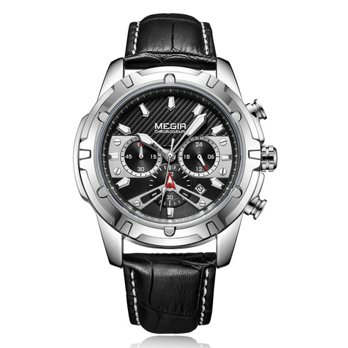 Megir - Men's Watch - 1 Year Warranty - Genuine Leather Strap - Chronograph - 3 ATM Water Resistant