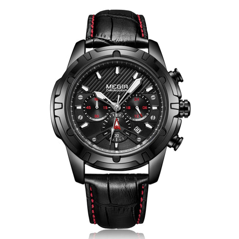 Megir - Men's Watch - 1 Year Warranty - Genuine Leather Strap - Chronograph - 3 ATM Water Resistant