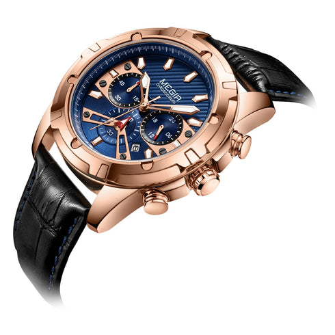 Megir - Men's Watch - 1 Year Warranty - Genuine Leather Strap - Chronograph - 3 ATM Water Resistant