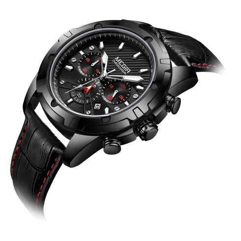 Megir - Men's Watch - 1 Year Warranty - Genuine Leather Strap - Chronograph - 3 ATM Water Resistant