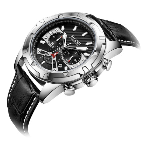 Megir - Men's Watch - 1 Year Warranty - Genuine Leather Strap - Chronograph - 3 ATM Water Resistant