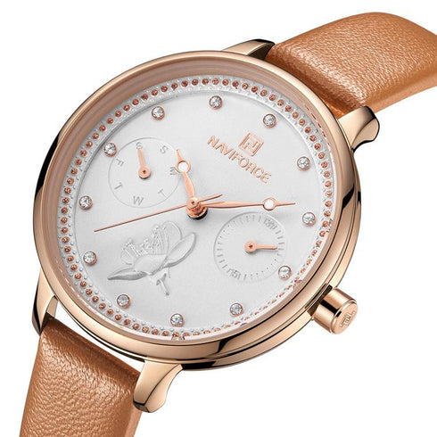 Women's Classic Flower Leather With Crystals Chronograph (Brown)