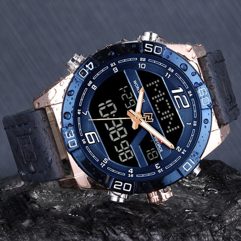 Naviforce Men's - Modern Technology! - Blue & Rose Gold! - Genuine Leather! - Water Resistant!- 1 Year Warranty!