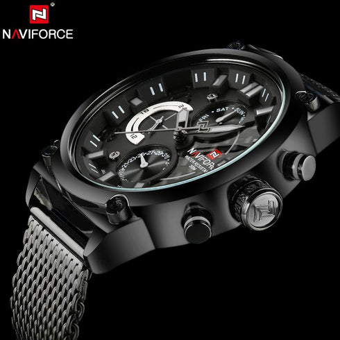 Naviforce Men's Classic Chronograph - Black & White Contrast! - Adjustable Steel Strap! - Water Resistant! - 1 Year Warranty!