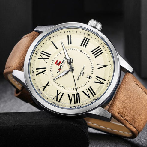 Naviforce Men's Classic Brown! - Roman Numbers! - Genuine Leather! - 1 Year Warranty! - Water Resistant! - Free Gift Packaging!