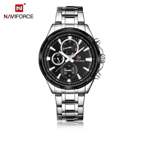 Naviforce Black and Silver Steel Chrongraph