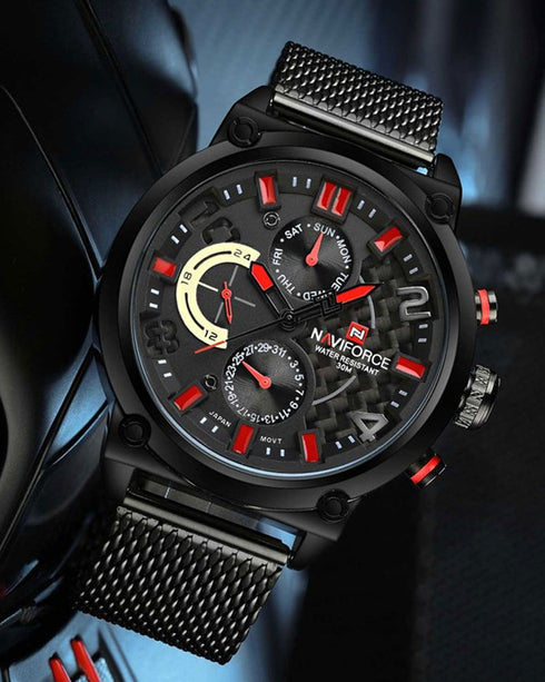 Naviforce Men's Classic Chronograph - Black & Red Contrast! - Adjustable Steel Strap! - Water Resistant! - 1 Year Warranty!