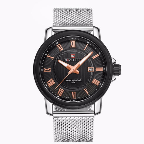 Naviforce Black & Steel! – Rose Gold Roman Numbers! – Adjustable Steep Strap! – 1 Year Warranty!