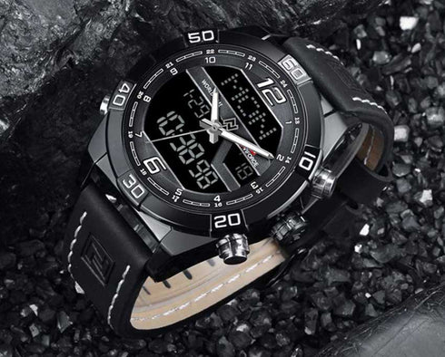 Naviforce Men's - Modern Technology! - Traditional Black! - Genuine Leather! - Water Resistant!- 1 Year Warranty!