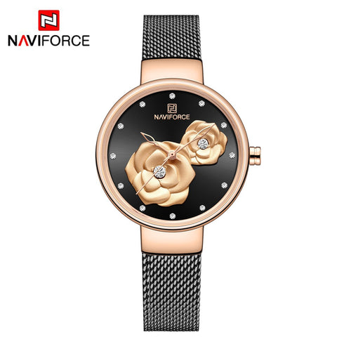 Naviforce Women's Black & Rose Gold Blossom! - Adjustable Steel Strap! - 1 Year Warranty! - Water Resistant!