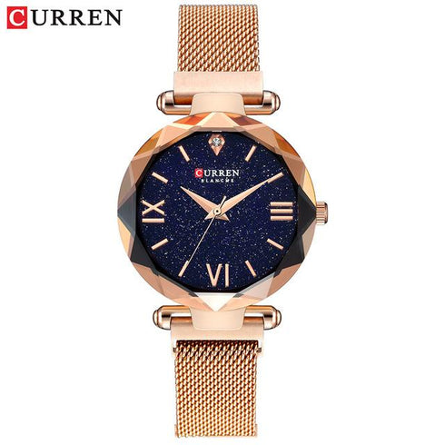 Curren Sparkling Womens Watch - Magnetic Steel Strap - 14K Gold Plated - 1 Year Warranty
