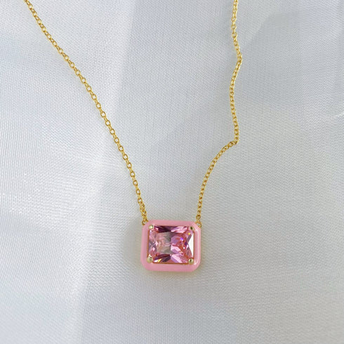 Stella Necklace (Stella Pink) - Genuine Gold Plated - Pure Stamped Sterling Silver (Chandi) + Certificate - 5A Cubic Zircon