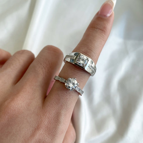 Couple Ring Set - Adjustable Size - Pure Sterling Silver (Chandi) - 5A Cubic Zircon - Certificate