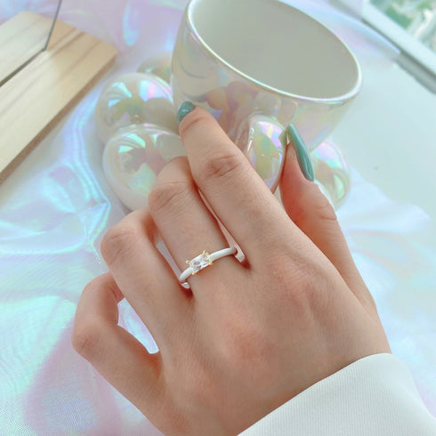 Urban Chic Ring (Gold & Modern White) - Adjustable Size - Enamel & Pure Sterling Silver (Chandi) - Cubic Zircon